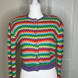 Vintage 80s Sweater Cute Rainbow Stripe 100 per cotton cardigan.  FAB! Large